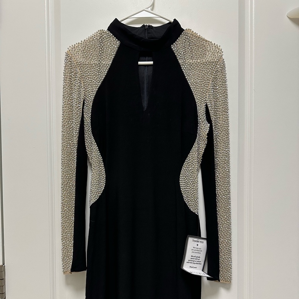 Xscape Black Long Sleeve Dress with Silver Beaded Shoulders